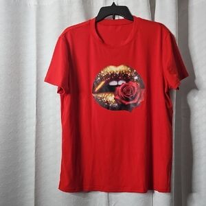 Red Graphic T-Shirt with Lip and Rose Design
